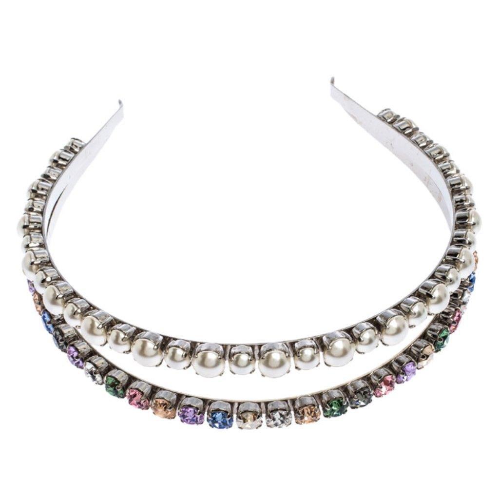 Women's Miu Miu Faux Pearl and Crystal Embellished Silver Tone Head Band