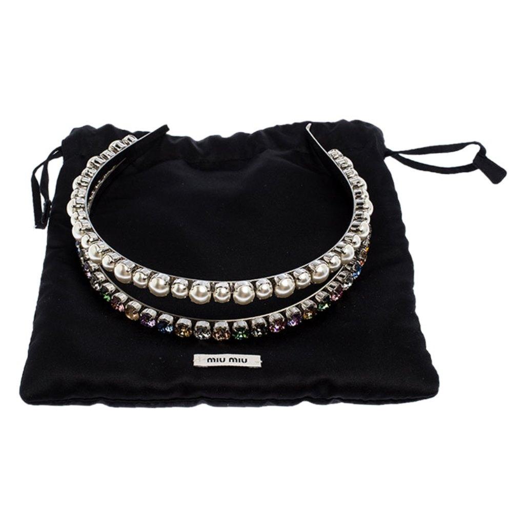 Miu Miu Faux Pearl and Crystal Embellished Silver Tone Head Band 3