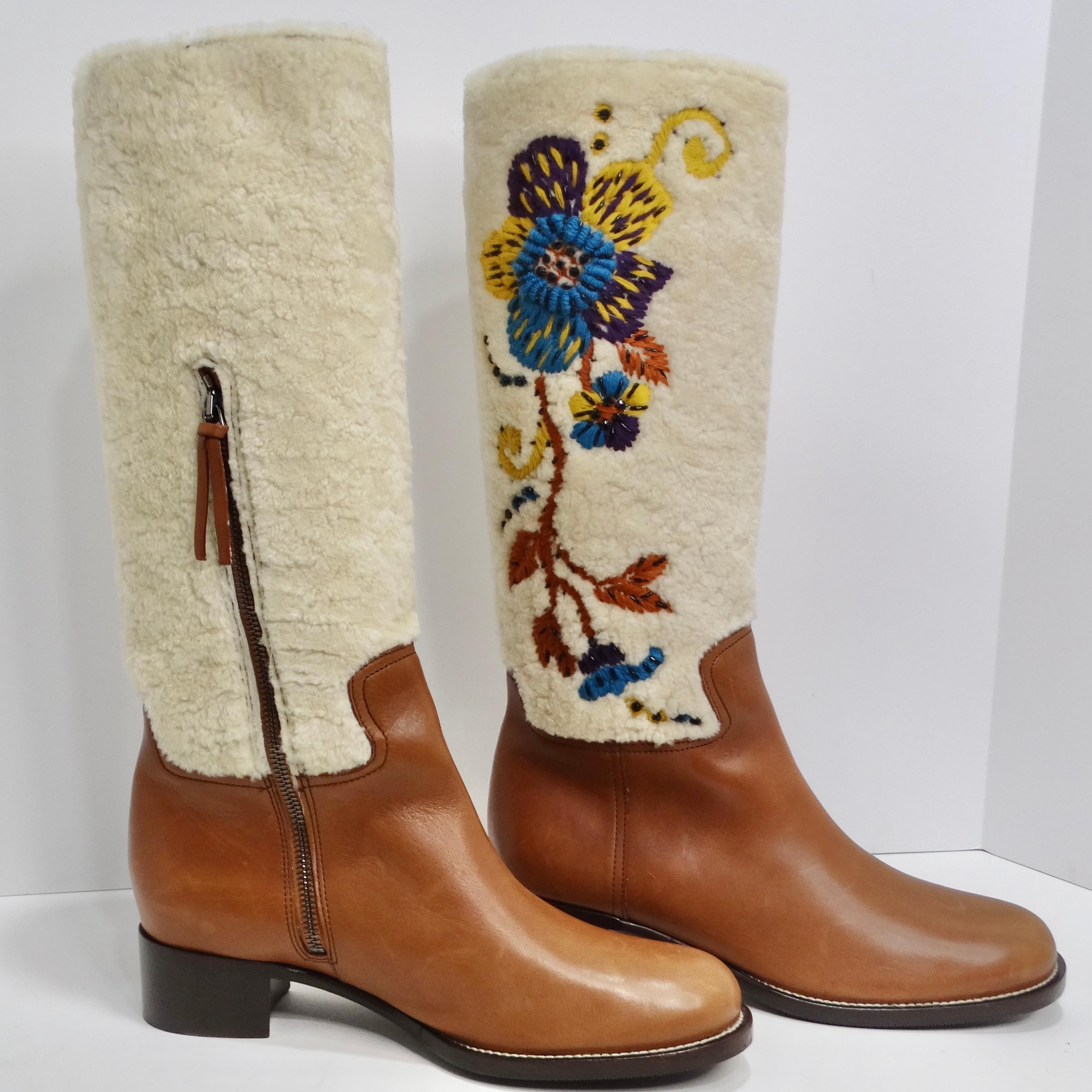  Miu Miu Floral Brown Leather Floral Shearling Riding Boots For Sale 4