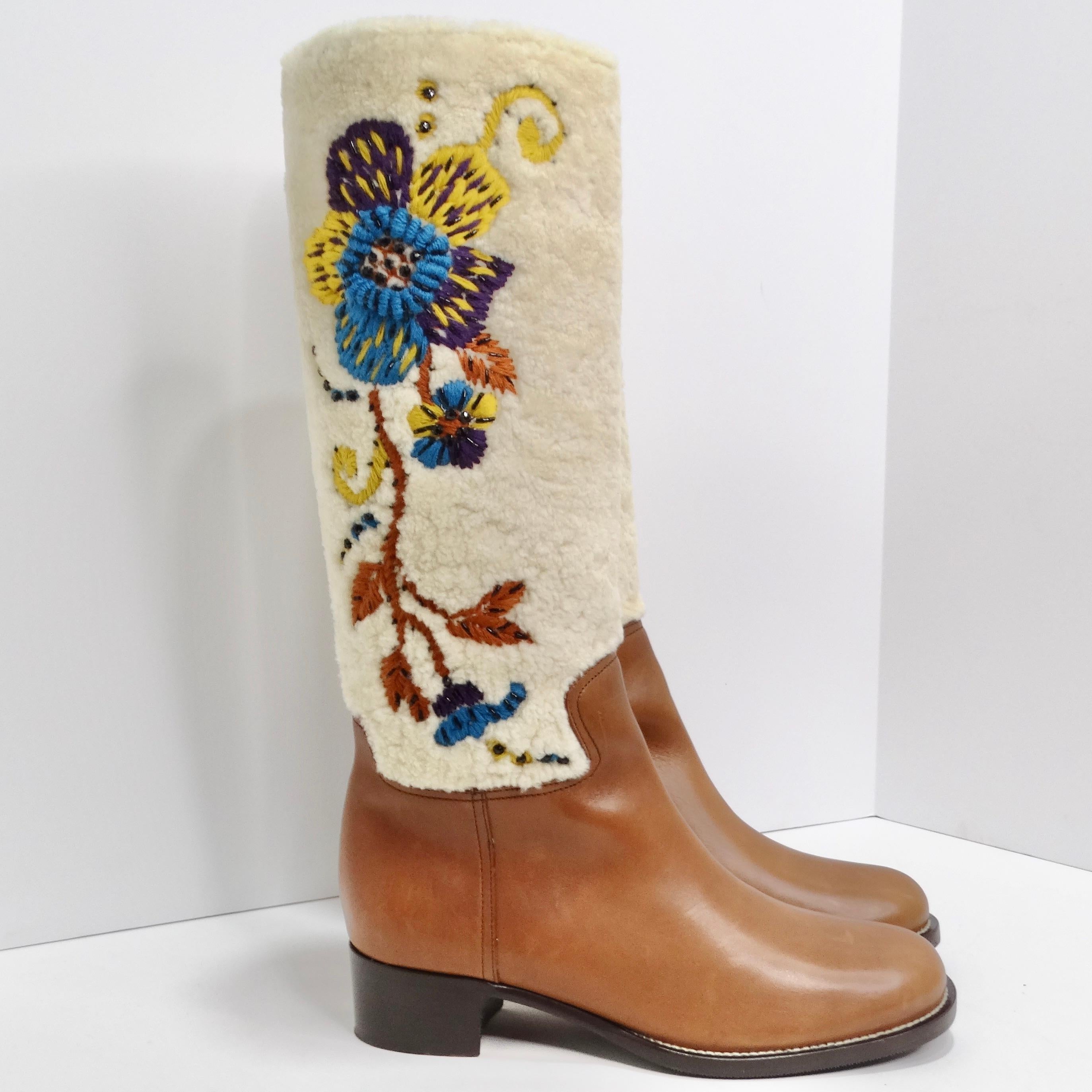 Beige  Miu Miu Floral Brown Leather Floral Shearling Riding Boots For Sale