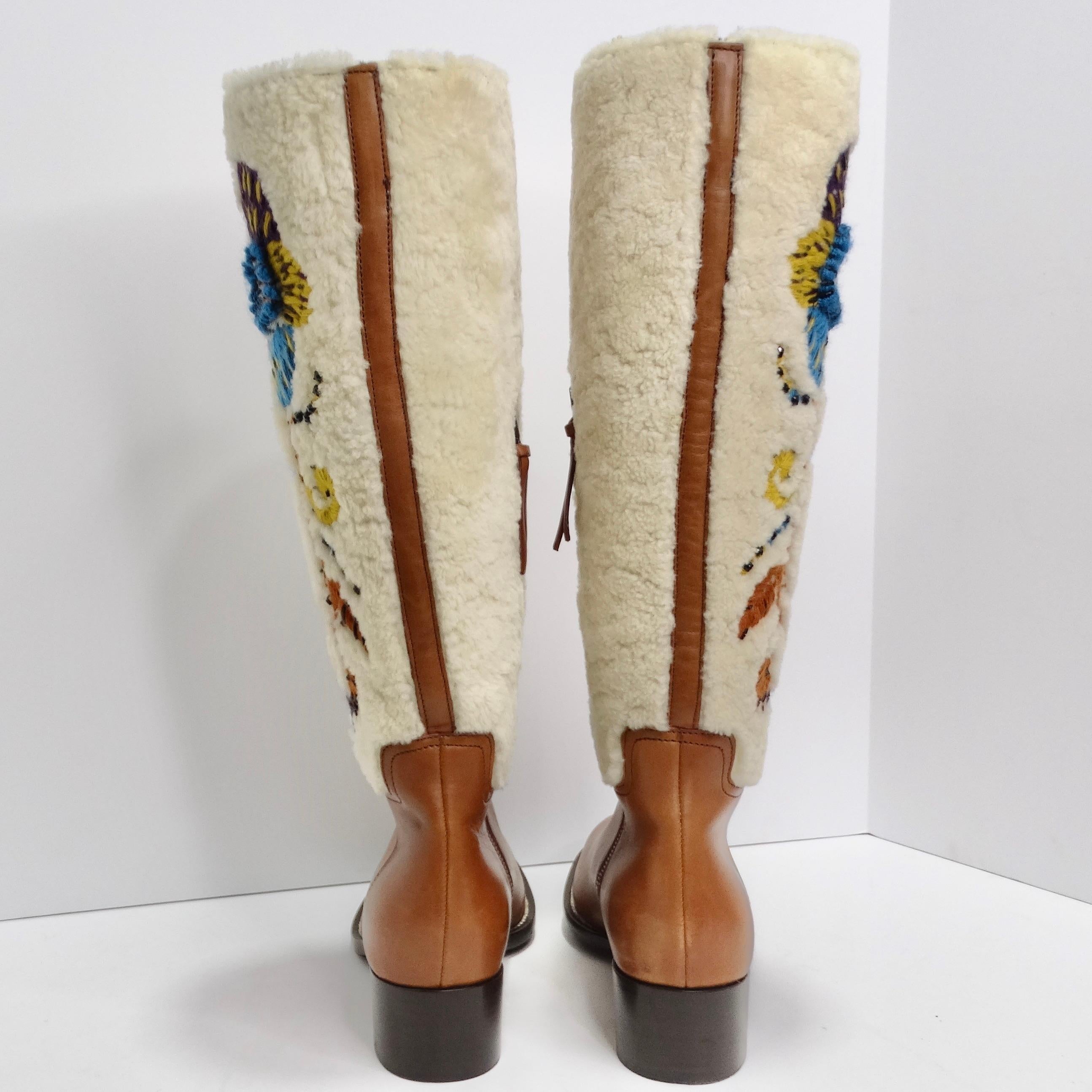Women's or Men's  Miu Miu Floral Brown Leather Floral Shearling Riding Boots For Sale