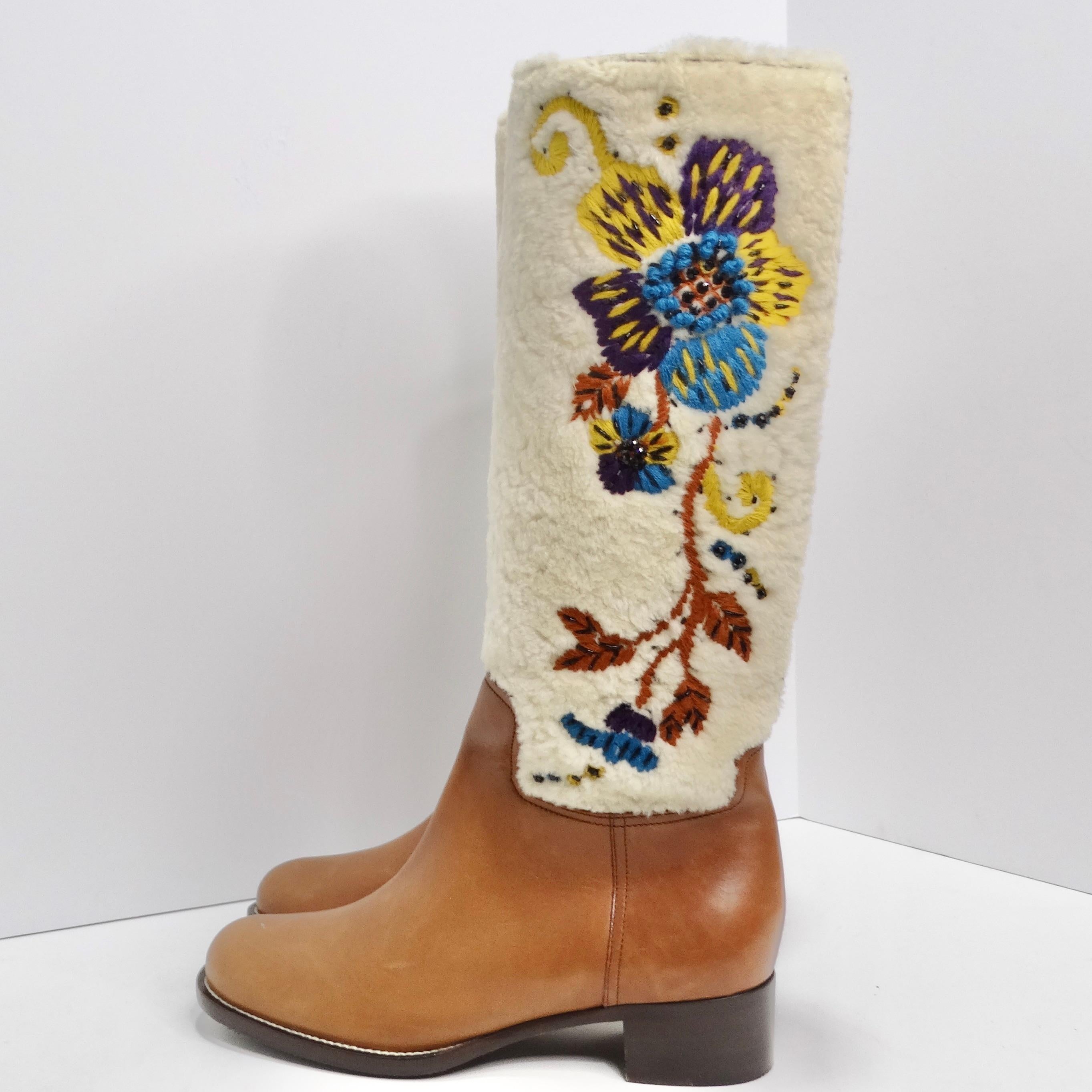  Miu Miu Floral Brown Leather Floral Shearling Riding Boots For Sale 1