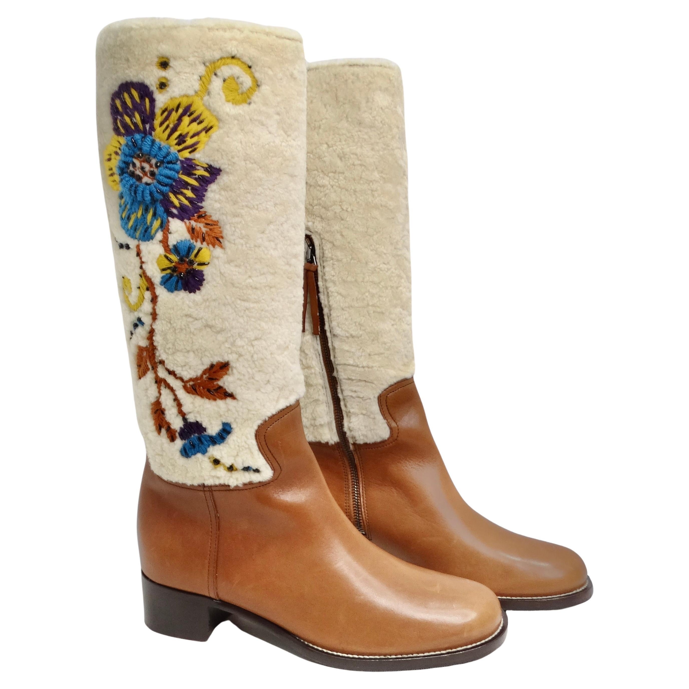  Miu Miu Floral Brown Leather Floral Shearling Riding Boots For Sale