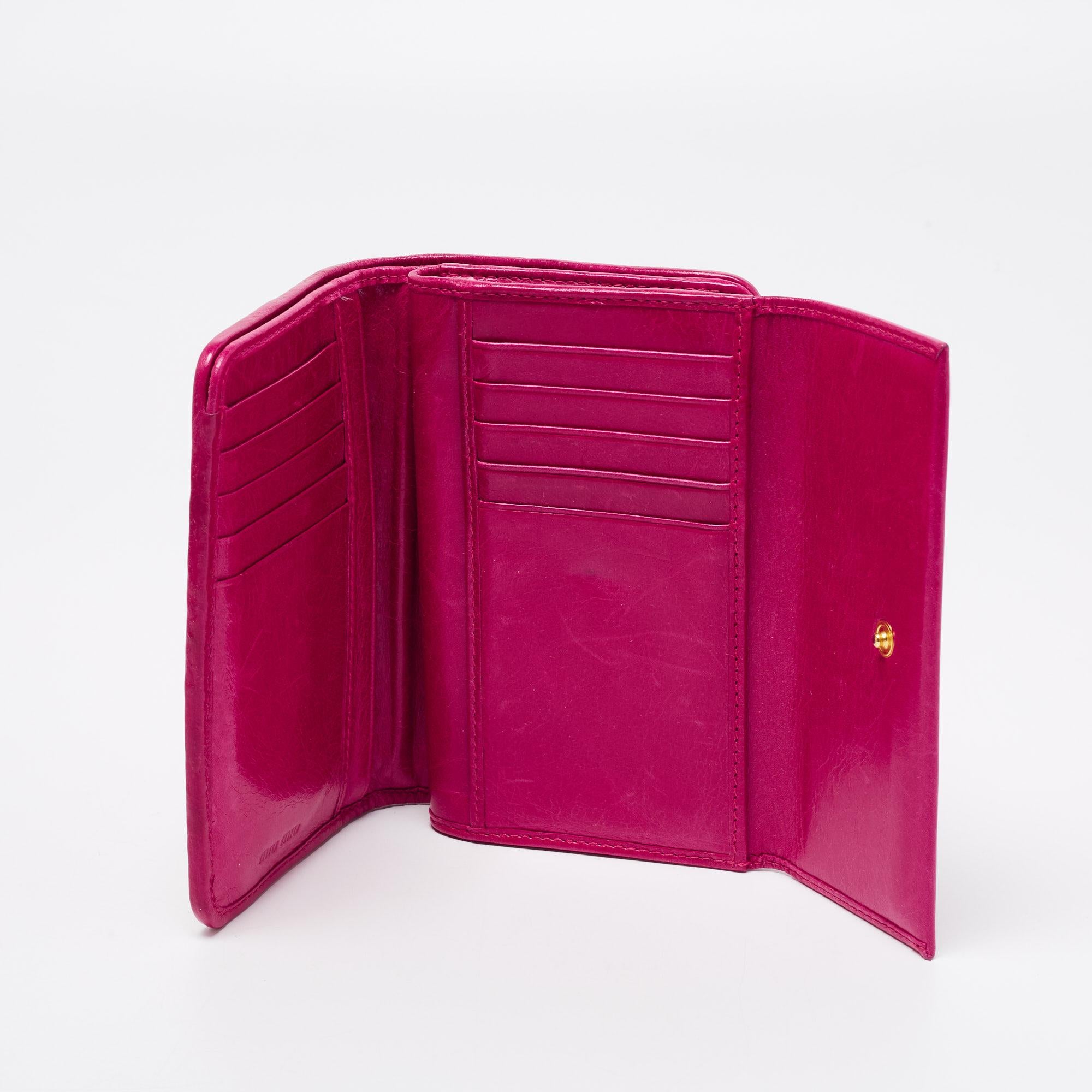 Miu Miu Fuchsia Matelasse Leather Flap Compact Wallet 1