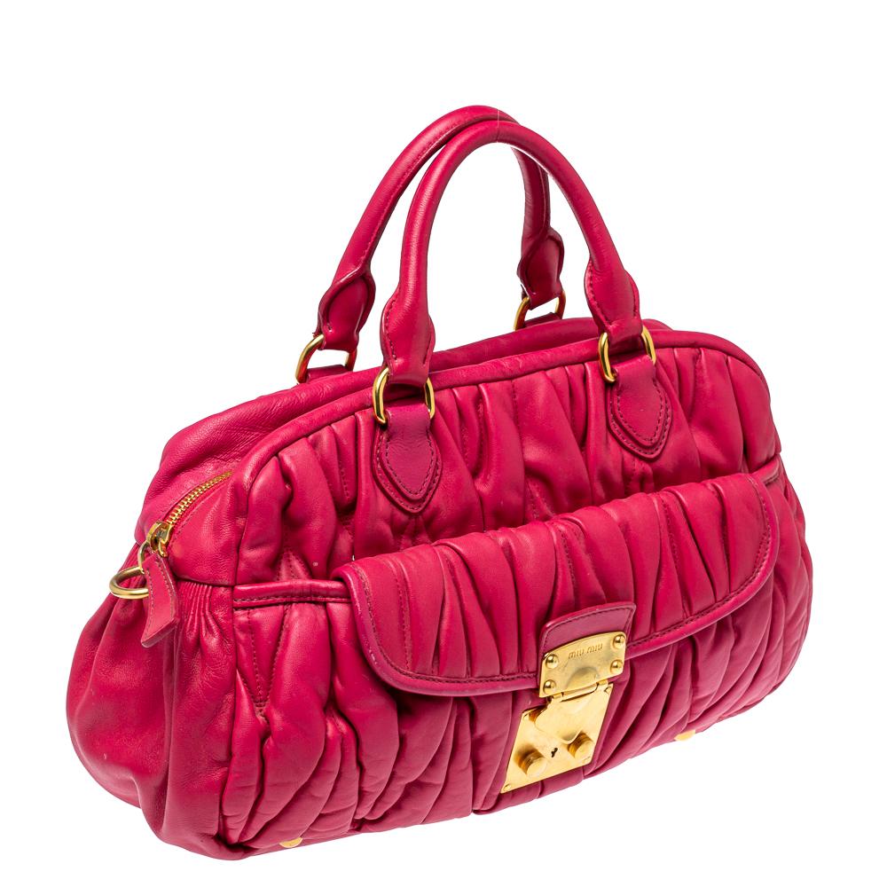 Miu Miu Fuchsia Matelasse Quilted Leather Satchel In Fair Condition In Dubai, Al Qouz 2