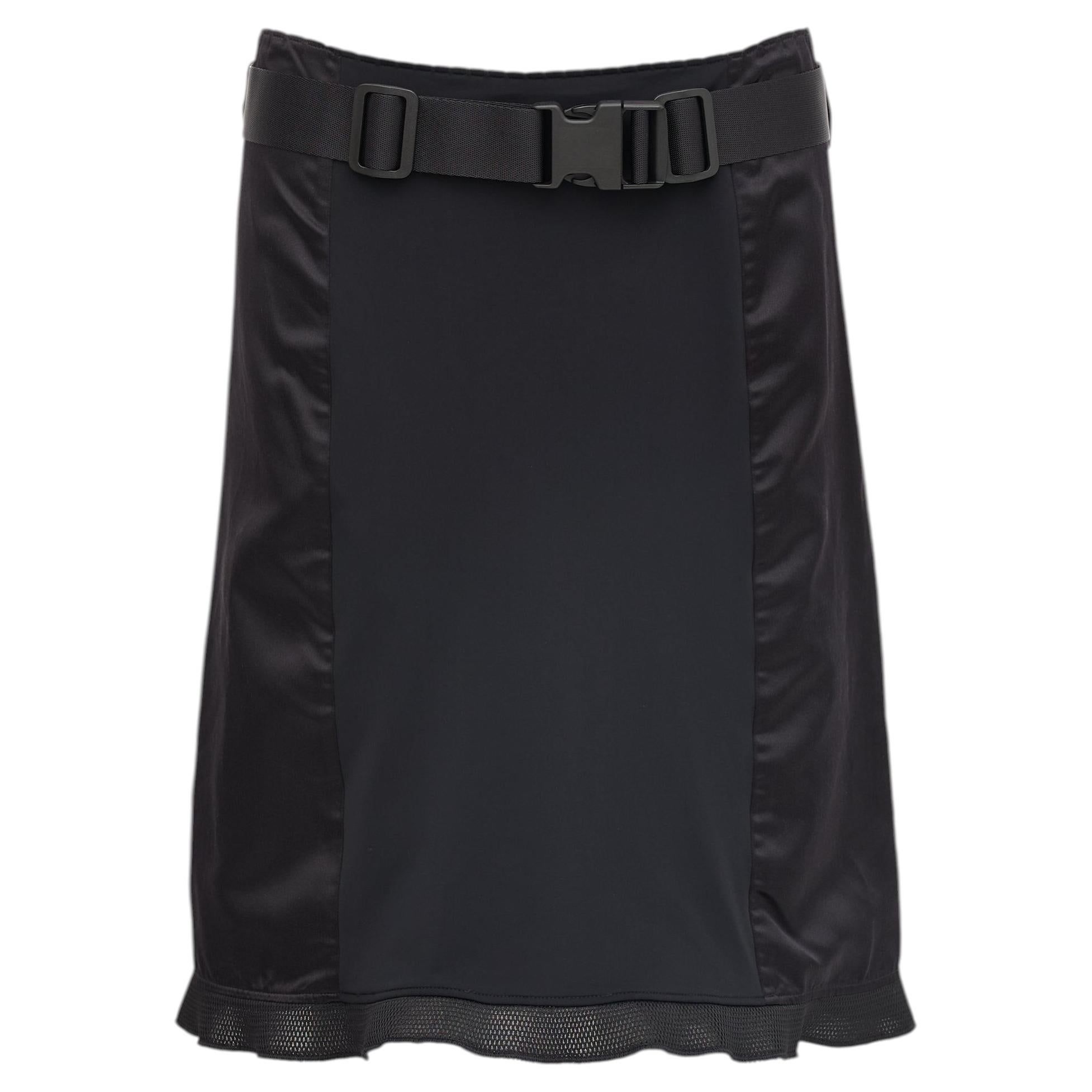 Miu Miu FW 1999 Black Satin Nylon Neoprene Buckle Skirt IT 44 For