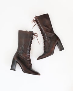 Miu Miu FW2001 Brown Lace Up Square Toe Victorian Boots (38)