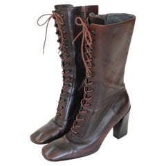 Miu Miu FW2001 Brown Lace Up Square Toe Victorian Boots (38)
