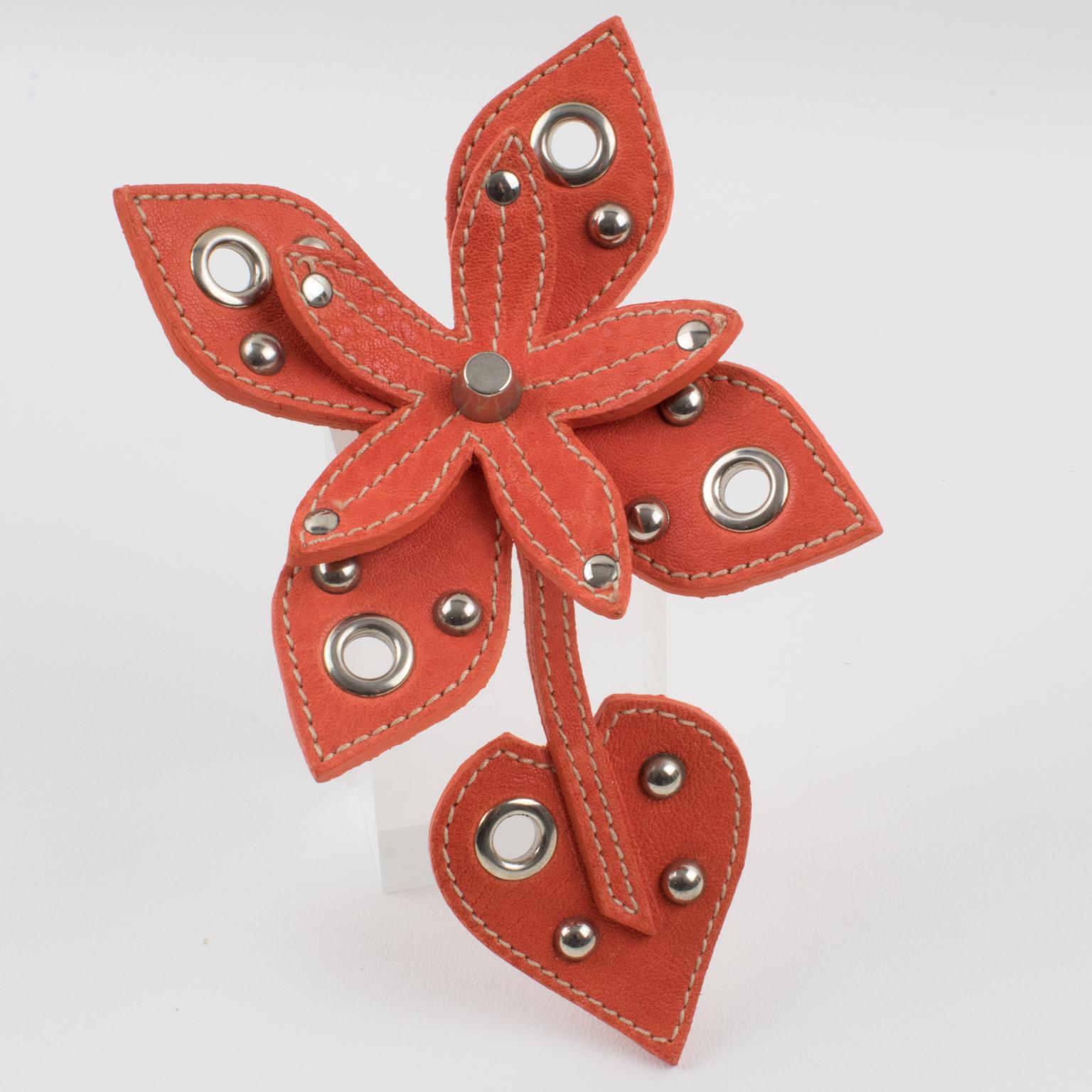 Modern Miu Miu Giant Orange Leather and Studs Flower Pin Brooch For Sale