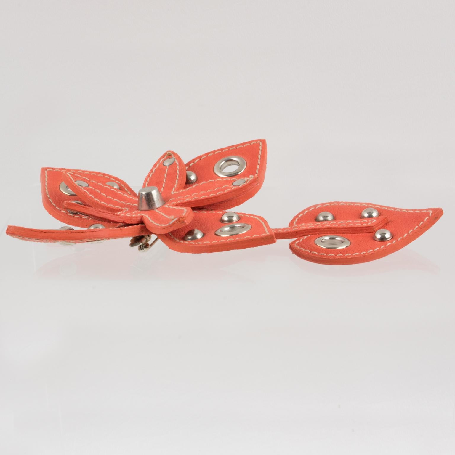 Women's or Men's Miu Miu Giant Orange Leather and Studs Flower Pin Brooch For Sale