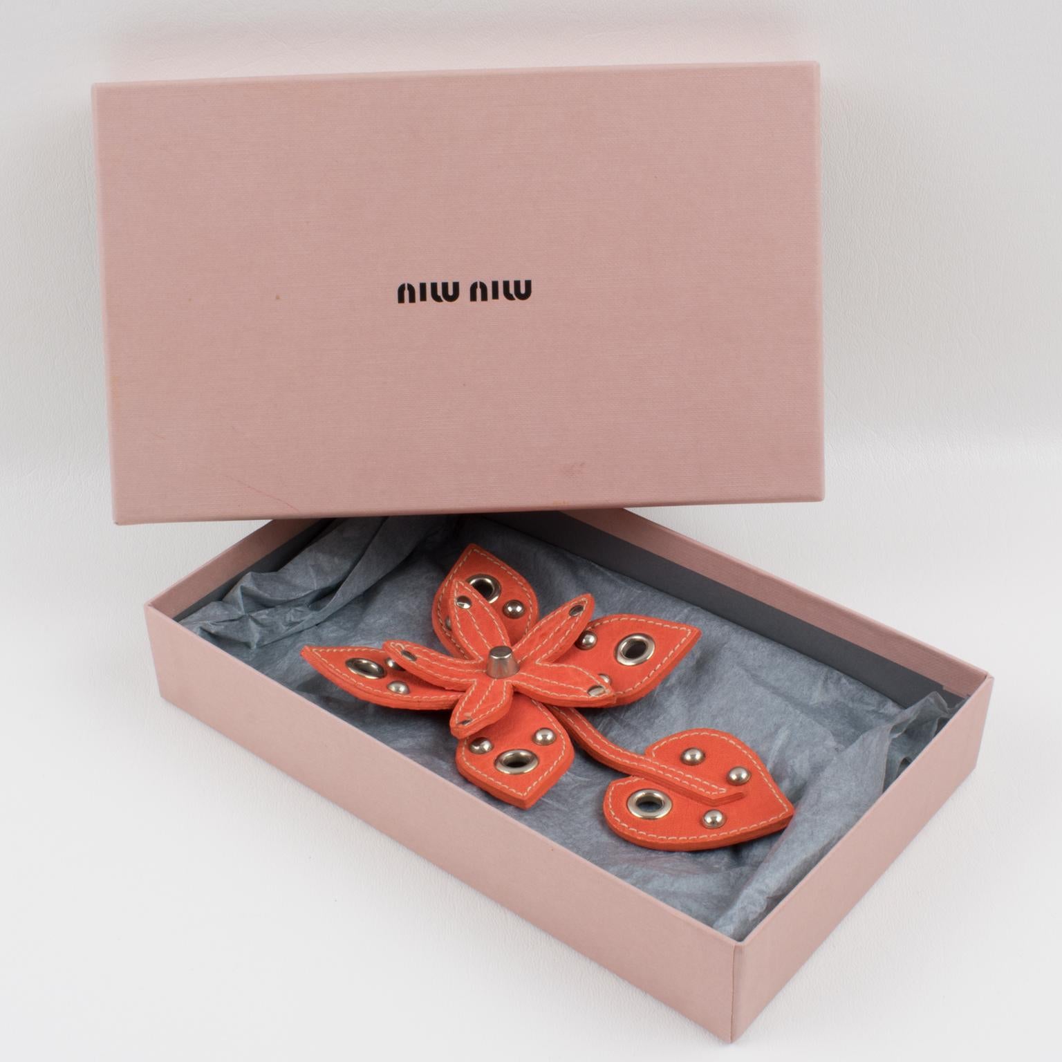 Miu Miu Giant Orange Leather and Studs Flower Pin Brooch For Sale 1