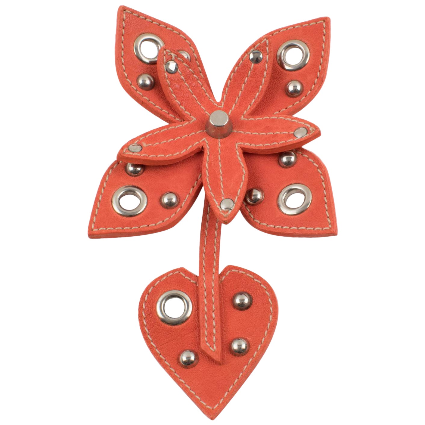 Miu Miu Giant Orange Leather and Studs Flower Pin Brooch For Sale