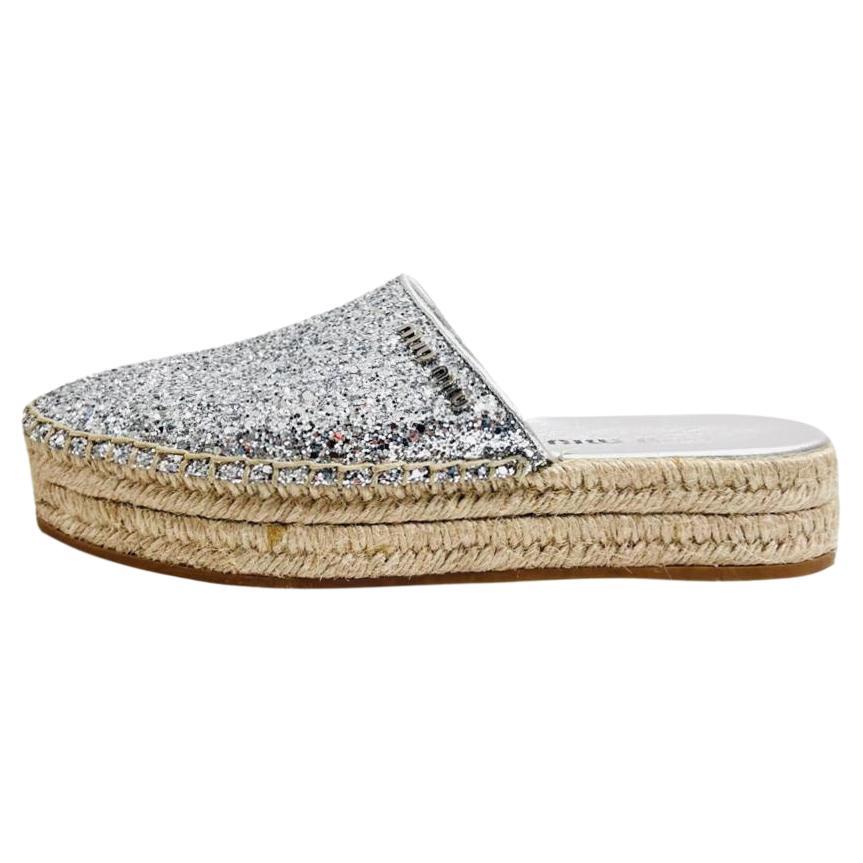 Miu Miu Glitter & Leather Logo Espadrilles For Sale