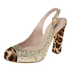 Miu Miu Glitter & Leopard Print Calf Hair Cap-Toe Slingback Pumps Size 37.5