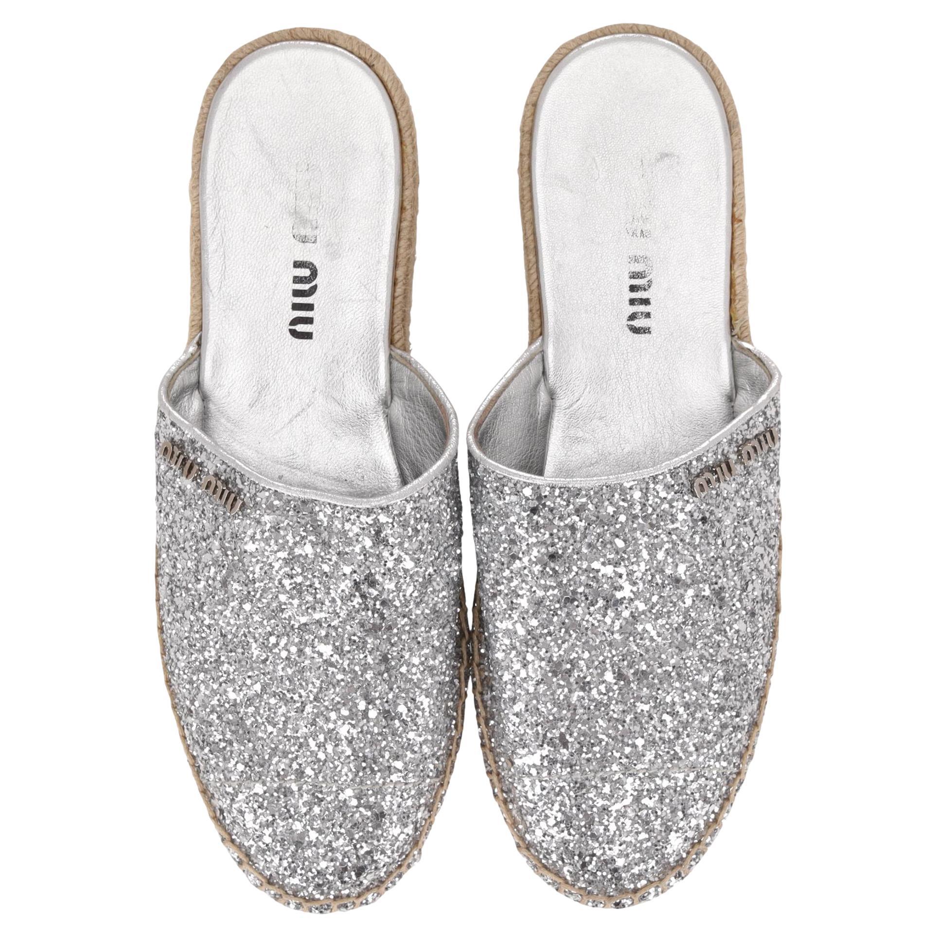 Miu Miu Glitter Platform Espadrille Mules