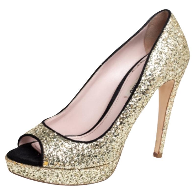 Brown Miu Miu Gold/Black Glitter And Suede Peep Toe Platform Pumps Size 38 For Sale