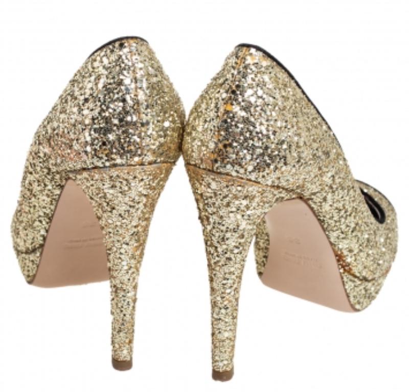 Miu Miu Gold/Black Glitter And Suede Peep Toe Platform Pumps Size 38 For Sale 1