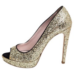 Miu Miu Gold/Black Glitter And Suede Peep Toe Platform Pumps Size 38