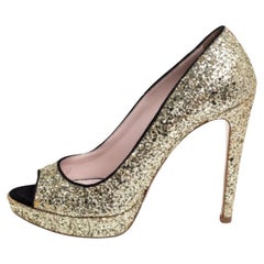 Miu Miu Gold/Black Glitter And Suede Peep Toe Platform Pumps Size 38