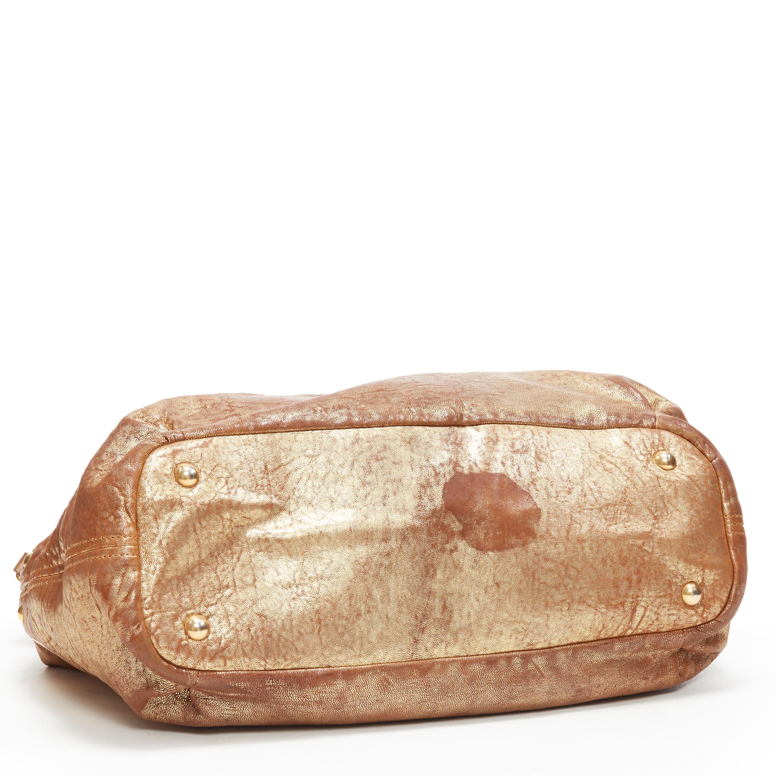 MIU MIU gold coated pebble leather grommet studded top zip shoulder satchel bag 1