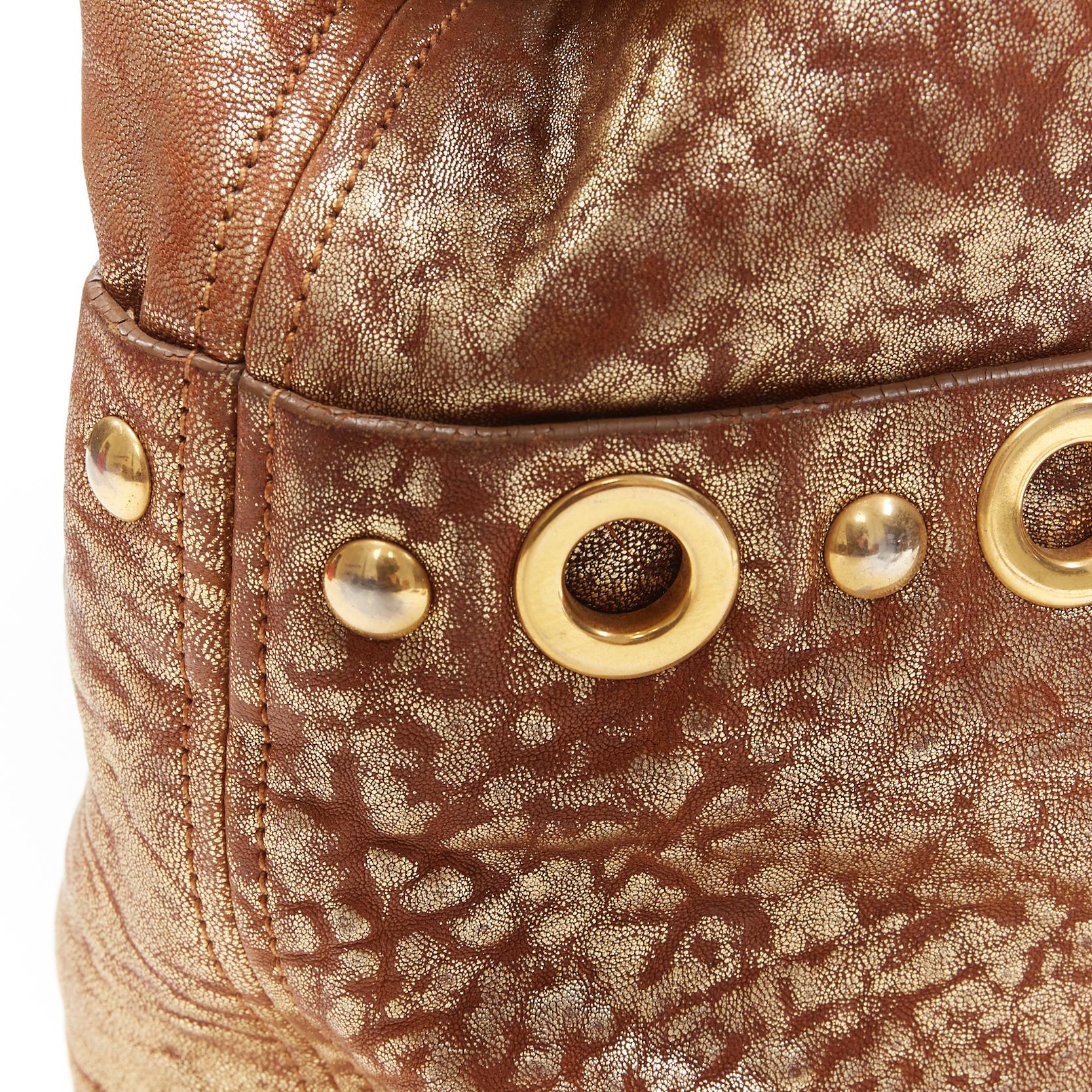 MIU MIU gold coated pebble leather grommet studded top zip shoulder satchel bag 4