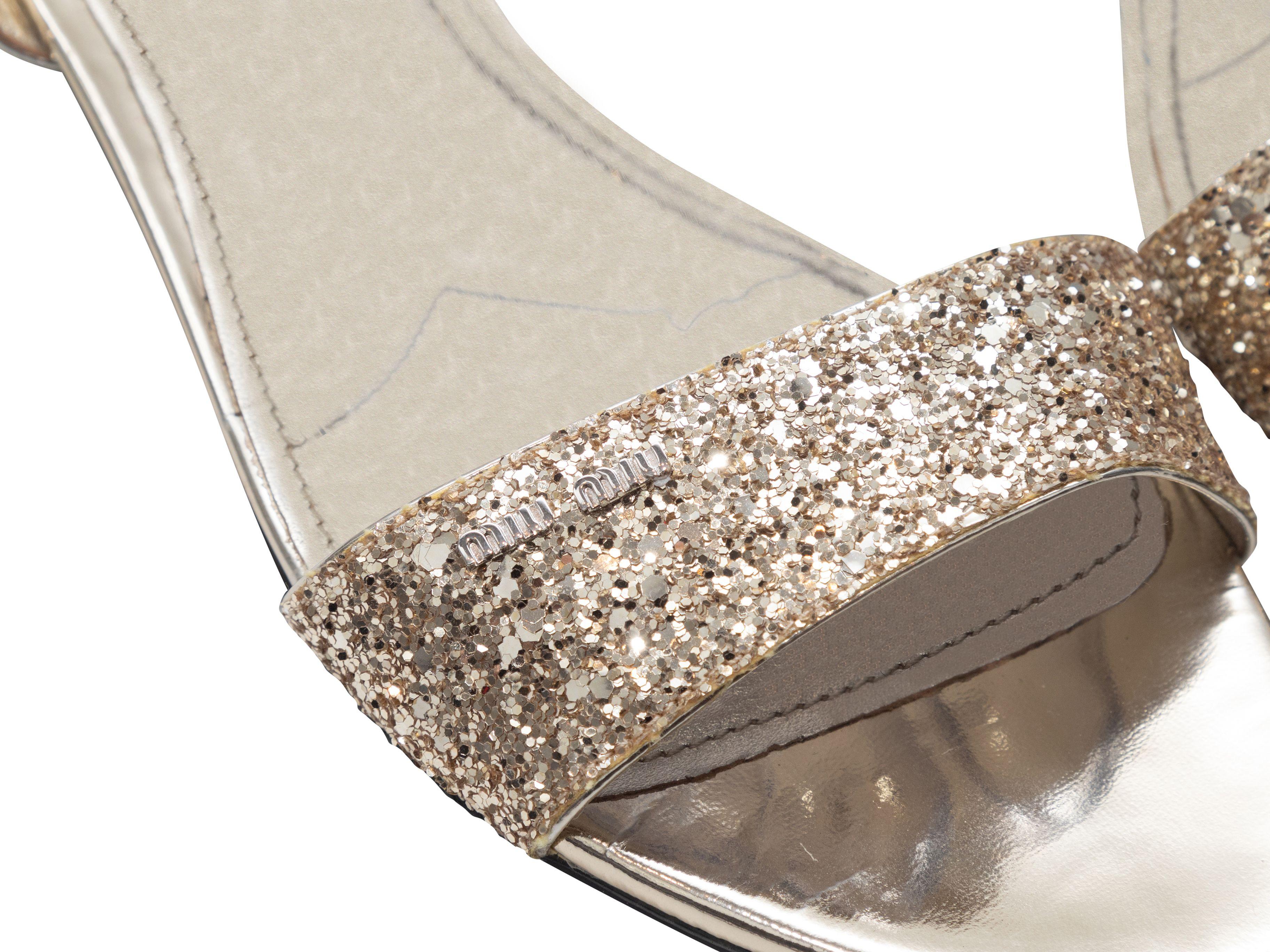 Brown Miu Miu Gold Flat Glitter Sandals