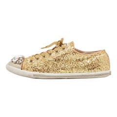 Miu Miu Gold Glitter and Leather Low Top Sneakers Size 39