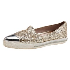 Miu Miu Gold Glitter And Metal Cap Toe Slip On Sneakers Size 35