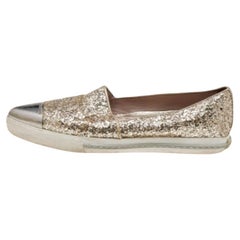 Miu Miu Gold Glitter and Metal Cap Toe Slip On Sneakers Size 35