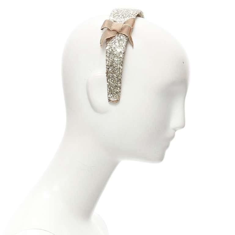 Women's MIU MIU gold glitter frayed edge grosgrain bow wide headband For Sale