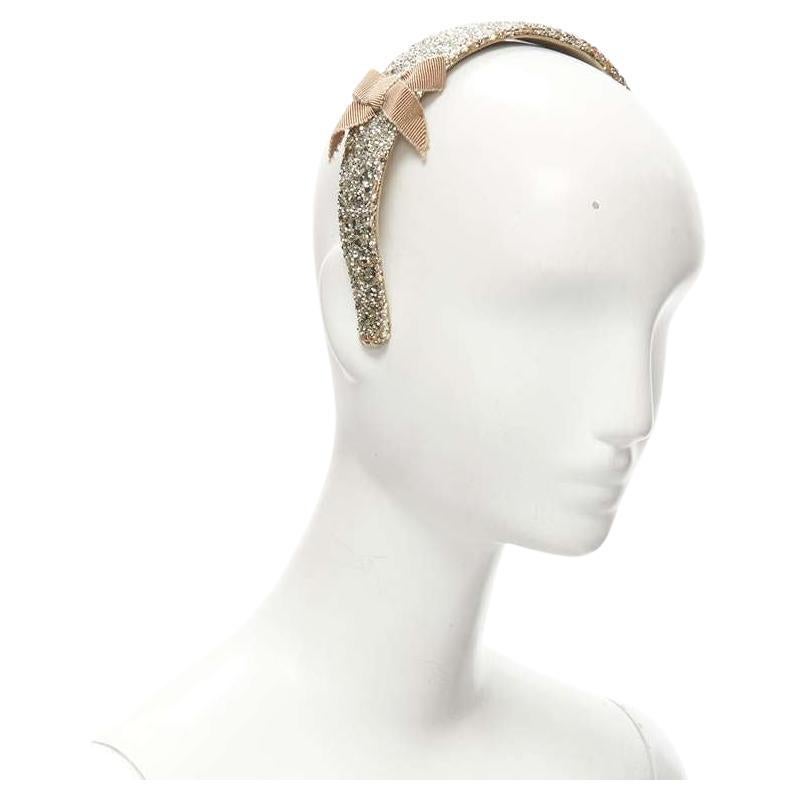 MIU MIU gold glitter frayed edge grosgrain bow wide headband For Sale