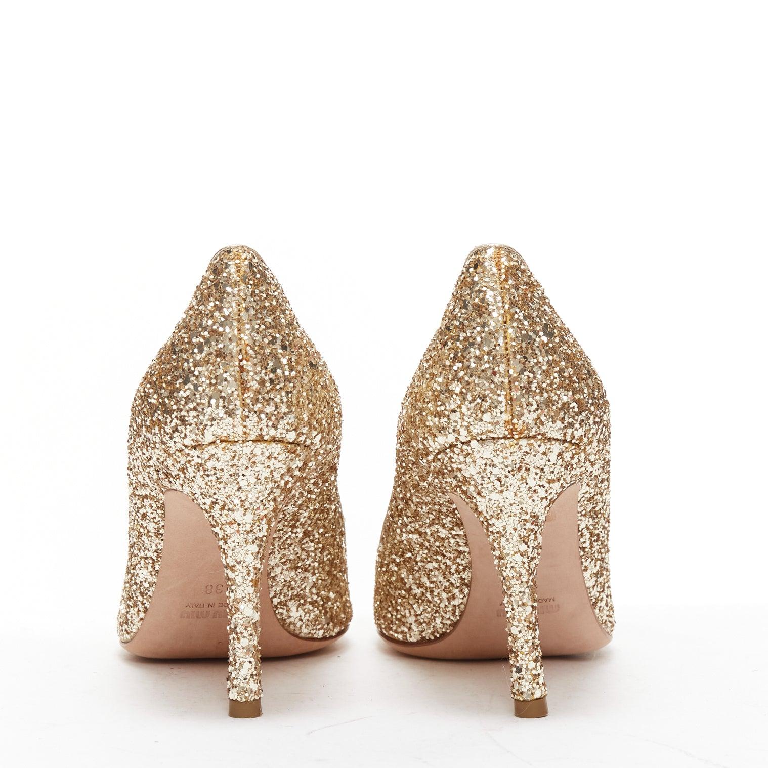 Women's MIU MIU gold glitter pointed toe stiletto party pumps EU38 For Sale