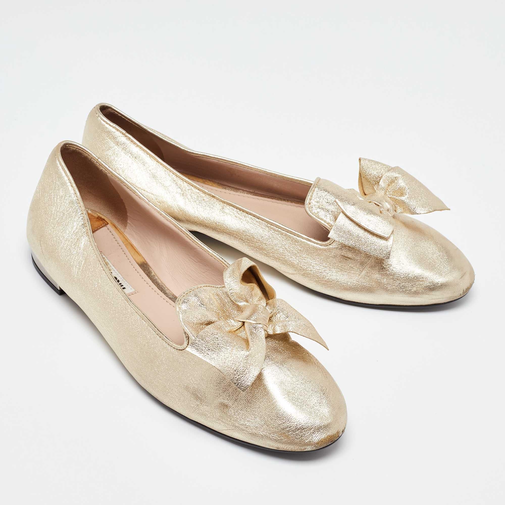 Women's Miu Miu Gold Leather Bow Loafers Size 38.5