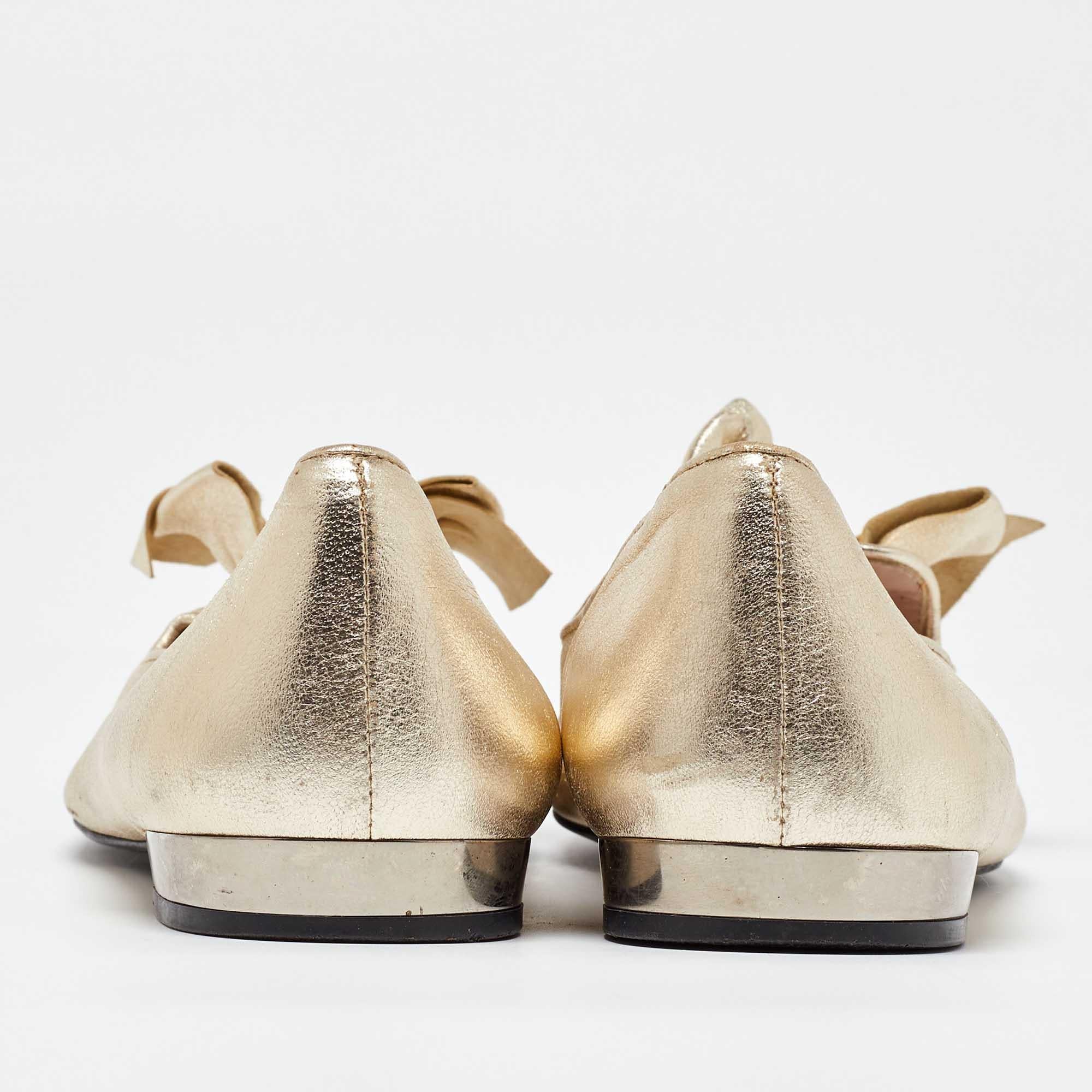 Miu Miu Gold Leather Bow Loafers Size 38.5 1
