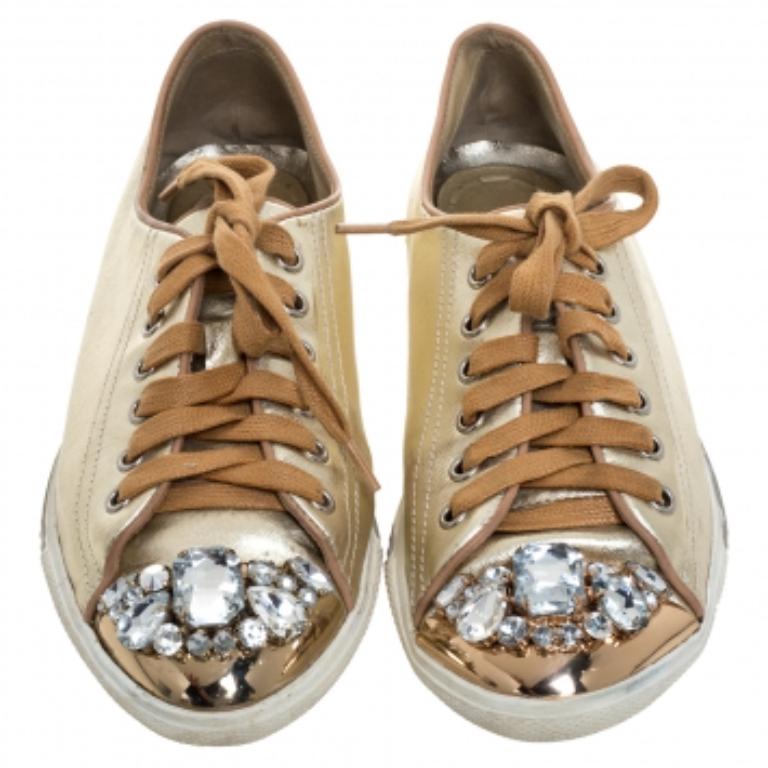 Women's Miu Miu Gold Leather Crystal Embellished Cap Toe Sneakers Size 38 For Sale