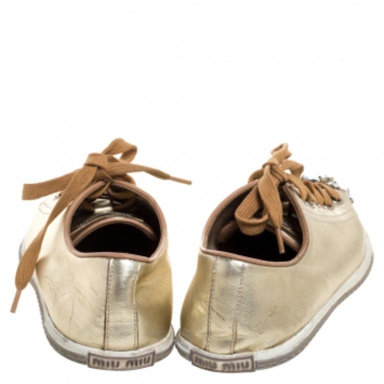 Miu Miu Gold Leather Crystal Embellished Cap Toe Sneakers Size 38 For Sale 3