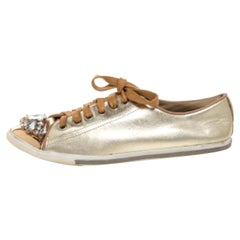 Miu Miu Gold Leather Crystal Embellished Cap Toe Sneakers Size 38
