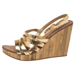 Miu Miu Gold Leather Panel Bamboo Wedge Sandals Size 40