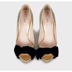 Miu Miu Gold Leather Peep-Toe Heels with Velvet Bow Sz.38