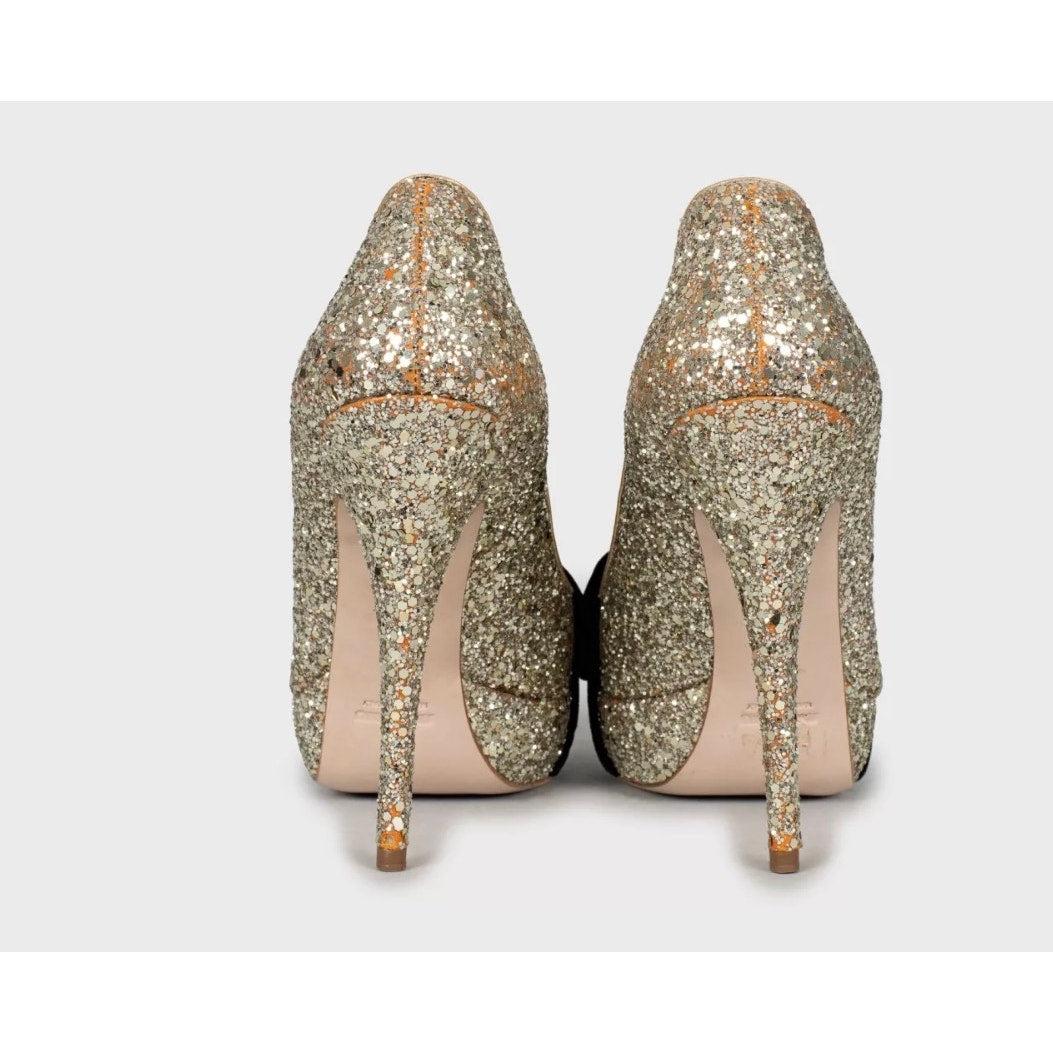 Miu Miu Gold Leather Peep-Toe Heels with Velvet Bow Sz.38 (talons aiguilles en cuir doré avec nœud en velours) Bon état - En vente à Krakow, PL