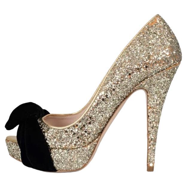 Miu Miu Gold Leder Peep-Toe Heels mit Samtschleife Sz.38