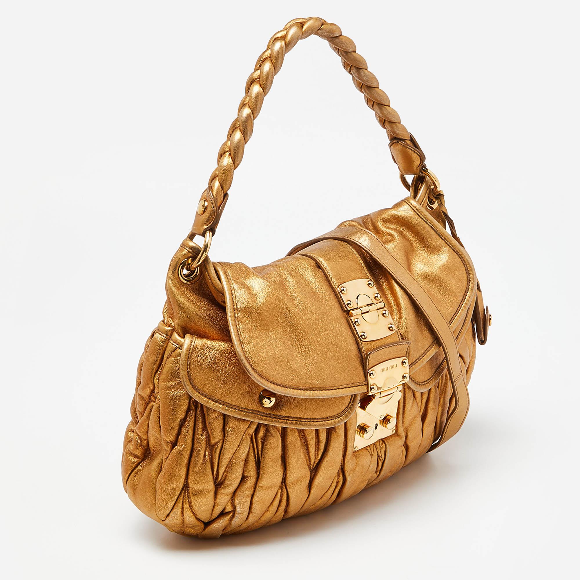 Miu Miu Gold Matelassé Leather Coffer Hobo In Good Condition In Dubai, Al Qouz 2