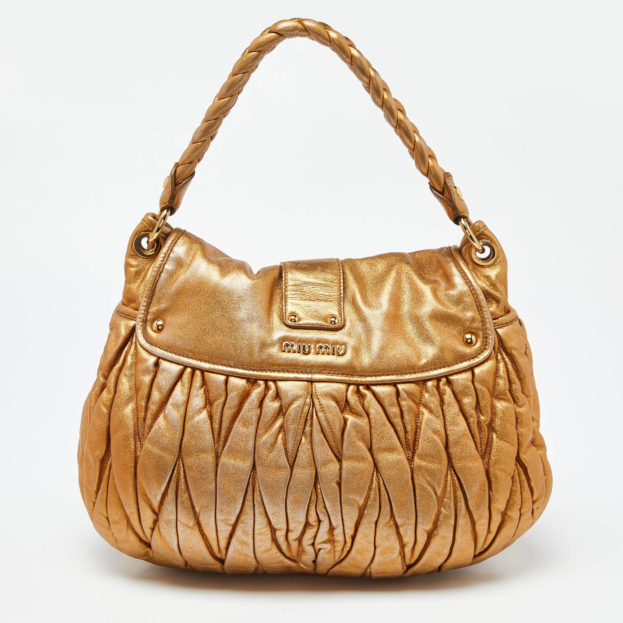 Women's Miu Miu Gold Matelassé Leather Coffer Hobo