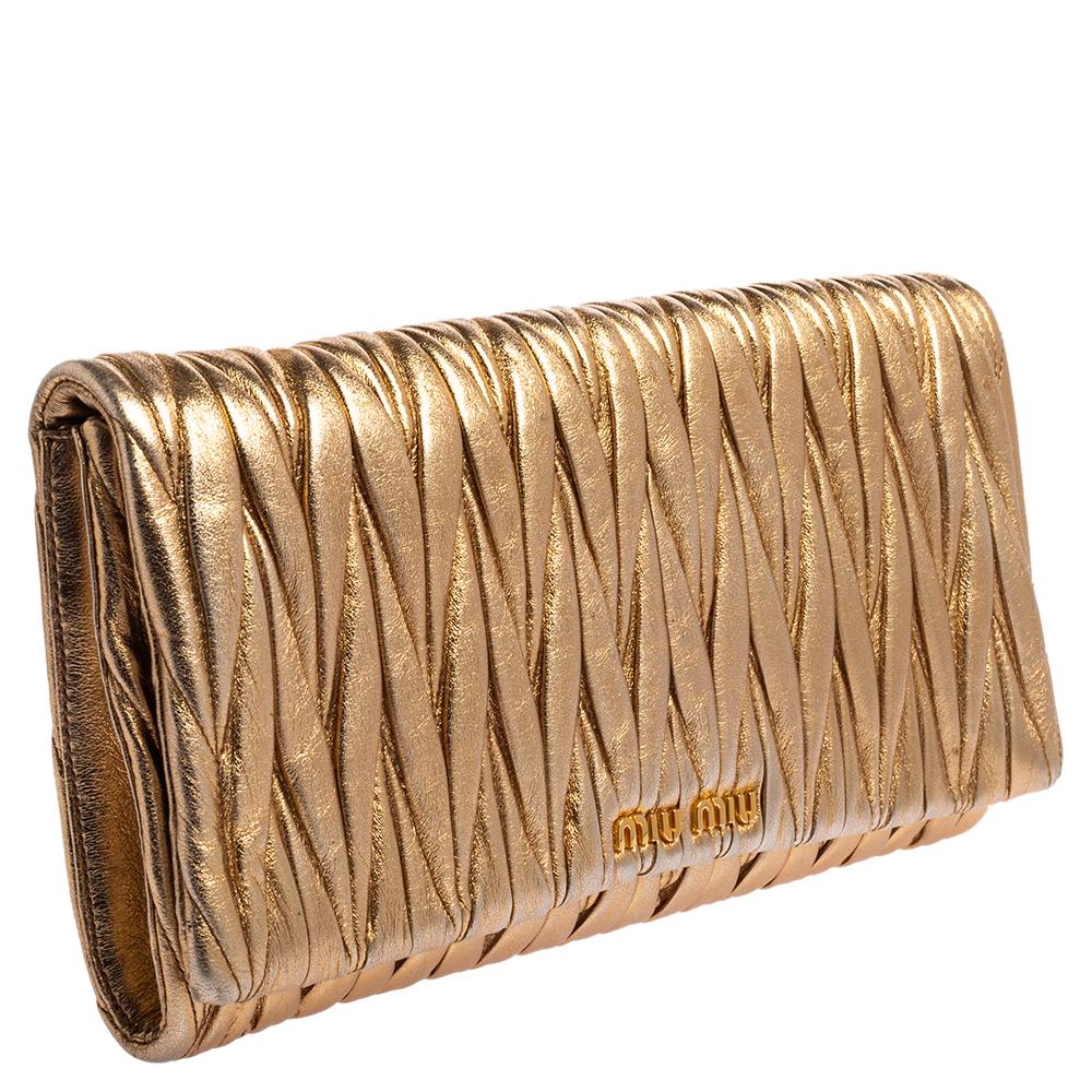 Brown Miu Miu Gold Matelassé Leather Flap Clutch