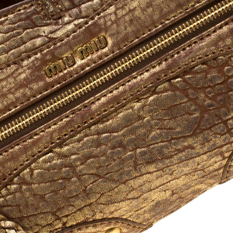 Miu Miu Gold Metallic Distressed Leather Shoulder Bag For Sale at 1stDibs
