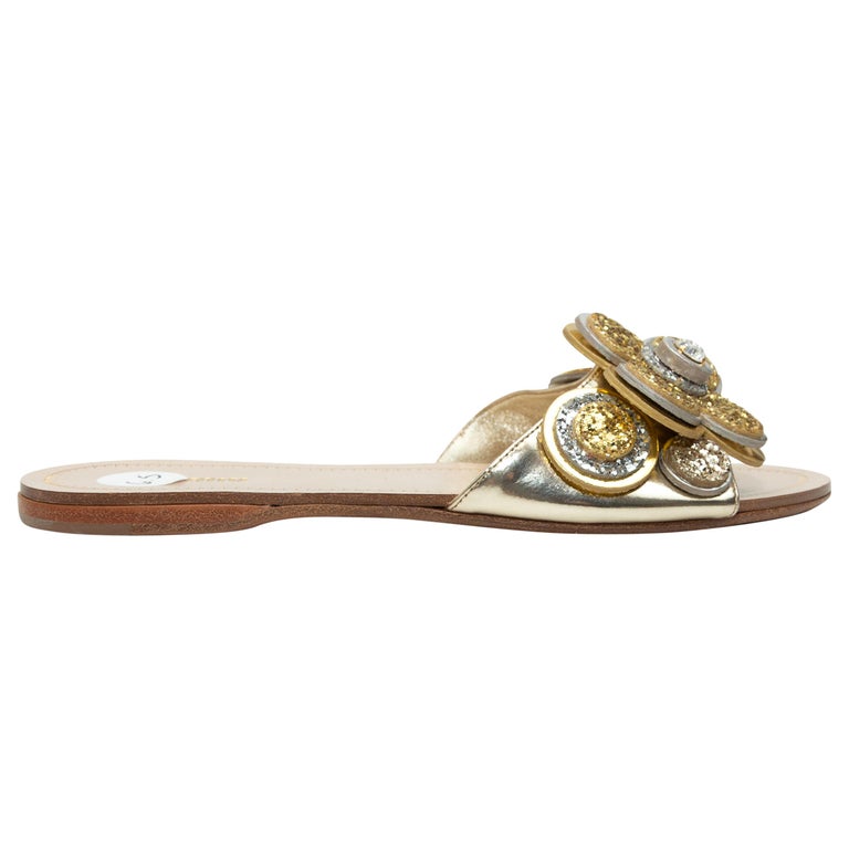 Miu Miu Gold and Silver Glitter Flower Sandals For Sale at 1stDibs