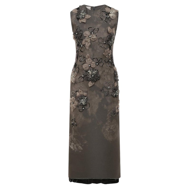 miu miu grey dress with lace MIU MIU Graphite Grey Organza Floral Appliqué Beaded Sheath Dress IT40