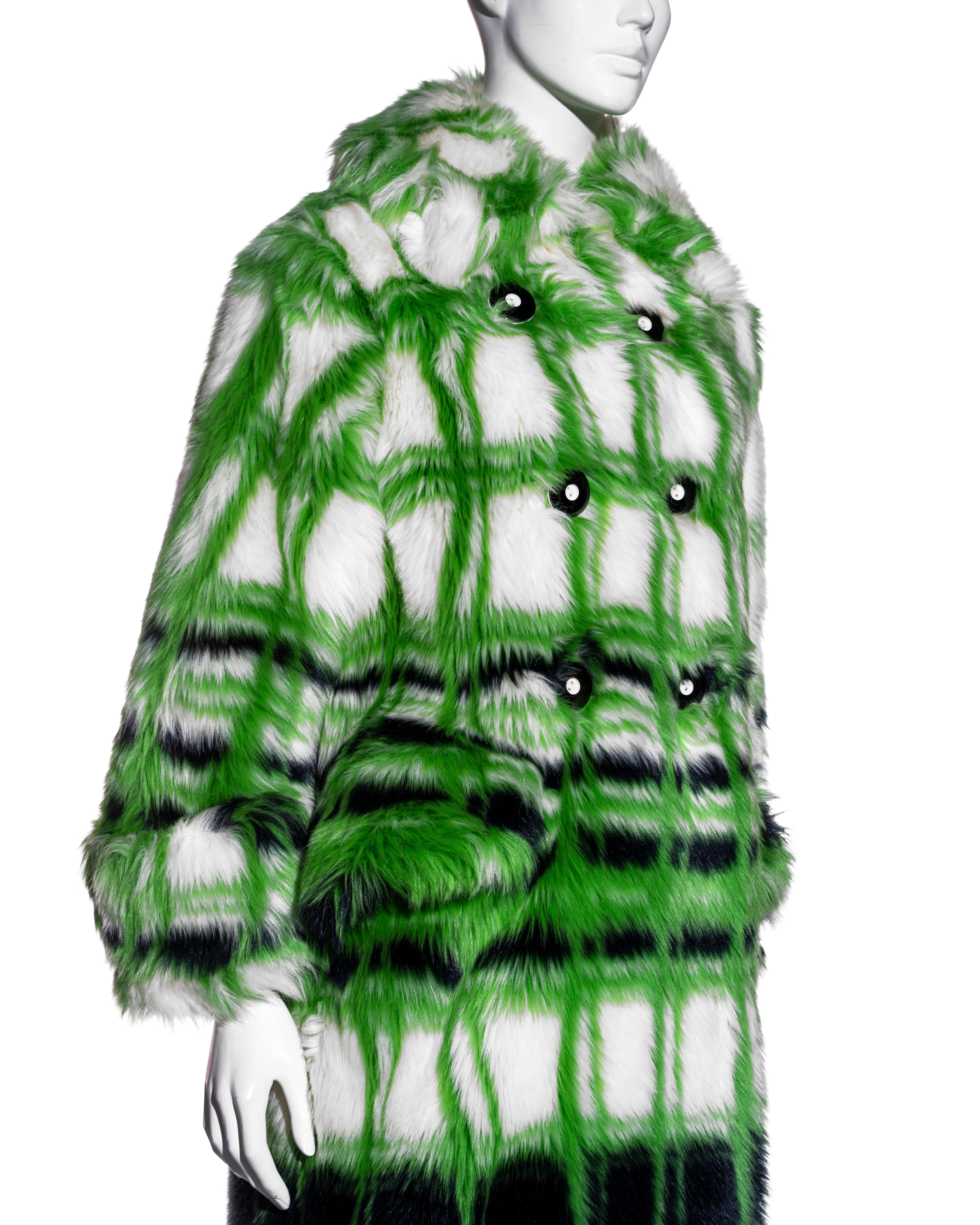 Miu Miu green and white checked faux fur double breasted coat, fw 2017 In Excellent Condition For Sale In London, GB