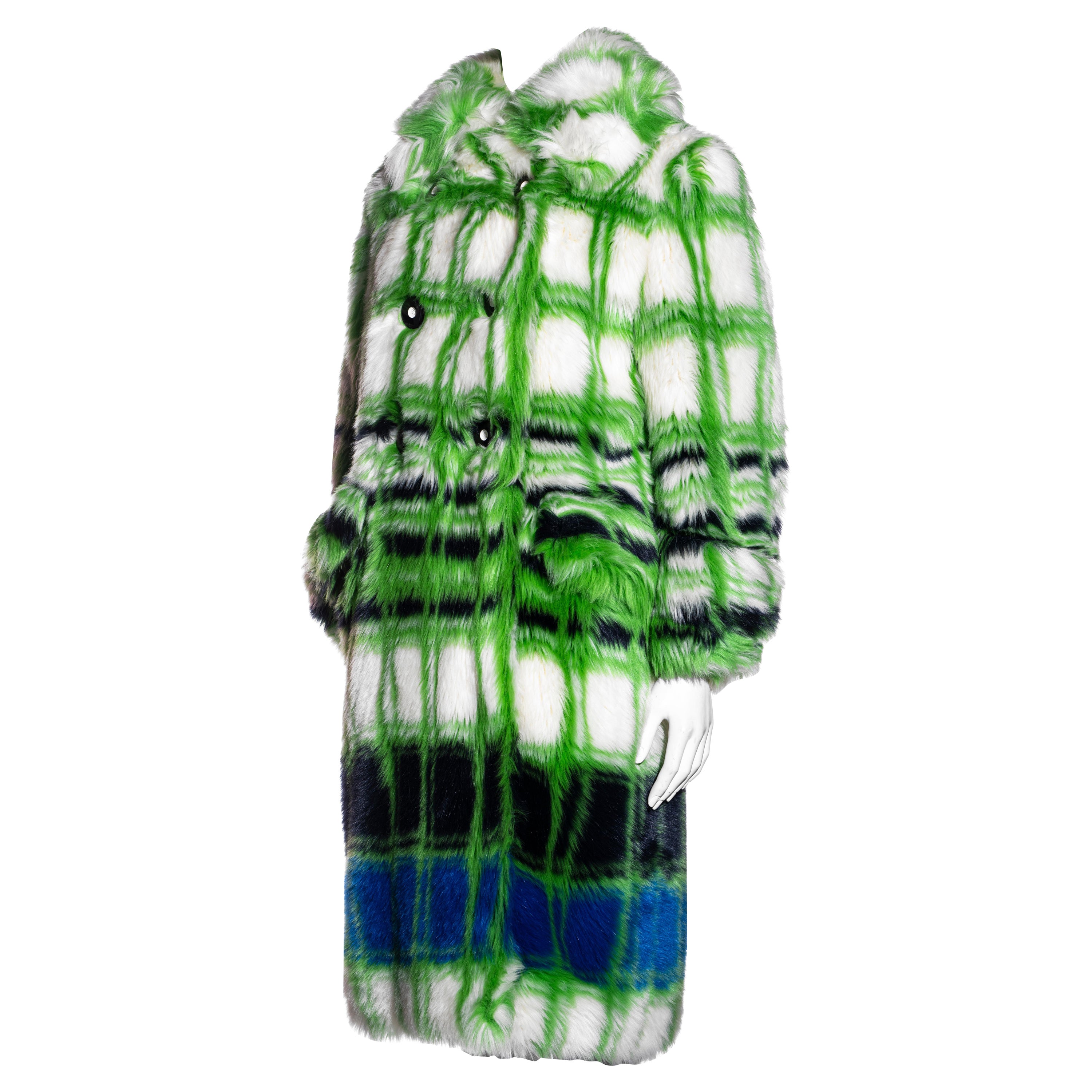 Miu Miu green and white checked faux fur double breasted coat, fw 2017 For Sale