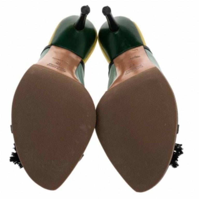 Miu Miu Green/Black Leather Tassel Peep Toe Slide Sandals Size 38.5 en vente 3